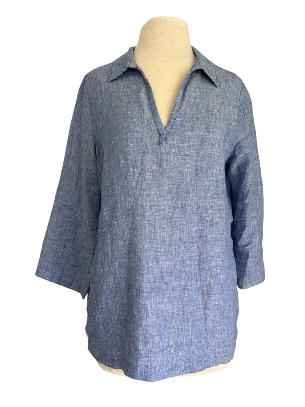 Tahari Blue Linen Shirt With Side Button Detail